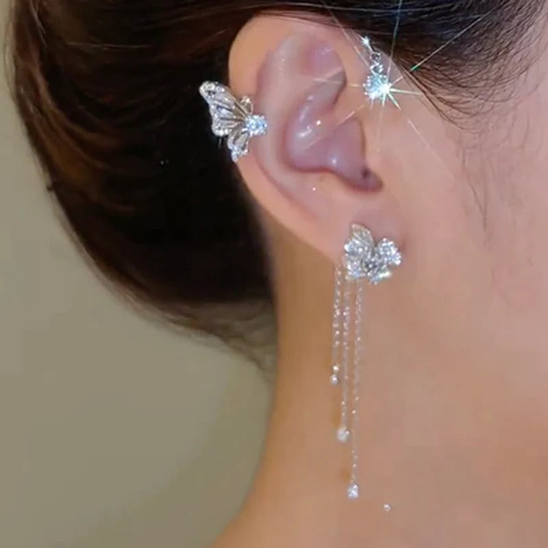 Gold Silver Color Metal Butterfly Ear Clips without Piercing for Women Sparkling Zircon Ear Cuff Clip Earrings Wedding Jewelry