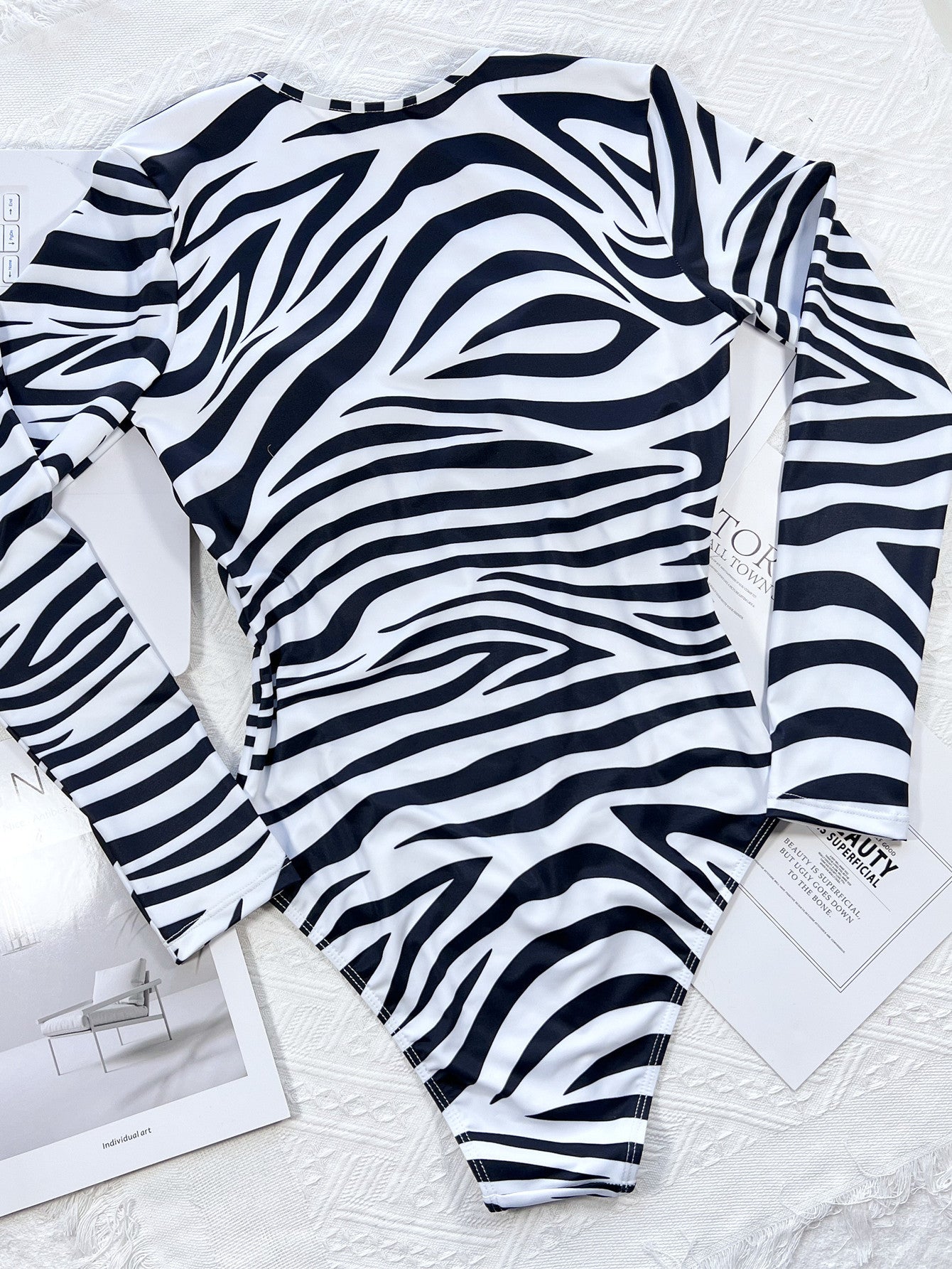 One-Piece Swimsuit Women'S Deep V Zebra Pattern Long Sleeve One-Piece Bikini