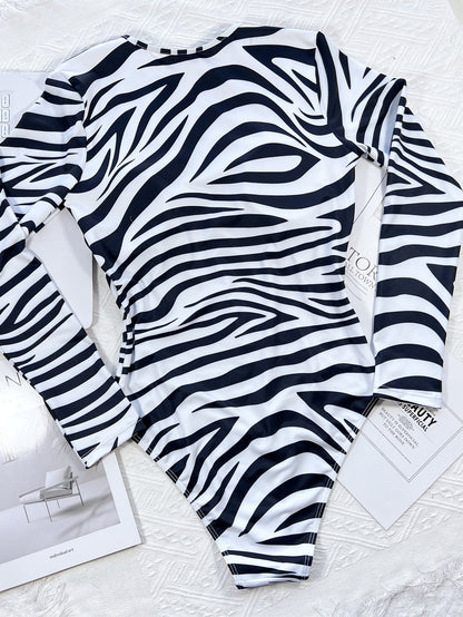 One-Piece Swimsuit Women'S Deep V Zebra Pattern Long Sleeve One-Piece Bikini