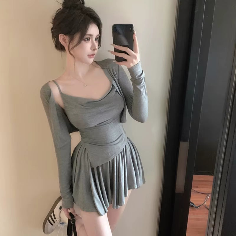 Korean Style Set Women Sun Protection Cardigan Camisole Top and Pleated Skirt Three-Piece Suit