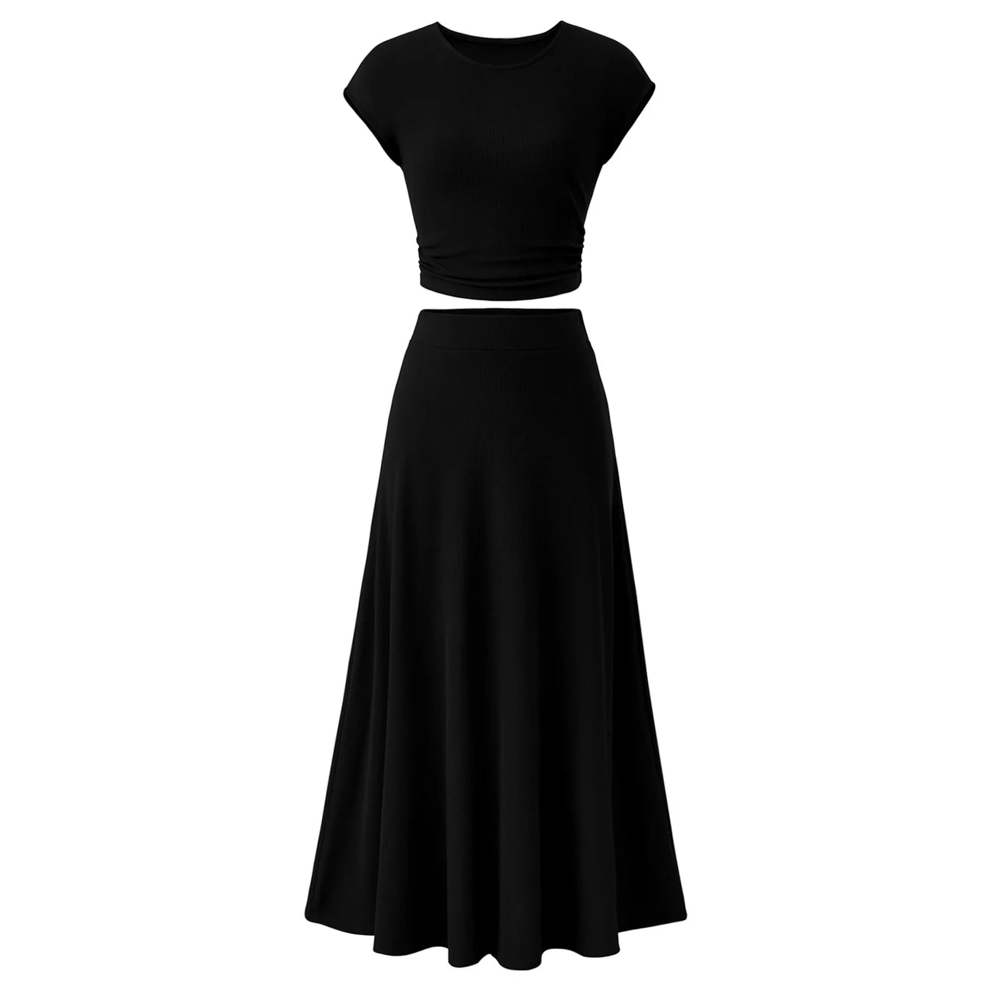 Women 2 Piece Outfit Sets Cap Sleeve Solid Black Crop Top Tshirt Ribbed Knit High Waist Flowy Skirt Size XL