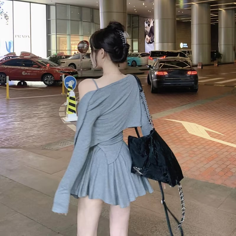 Korean Style Set Women Sun Protection Cardigan Camisole Top and Pleated Skirt Three-Piece Suit