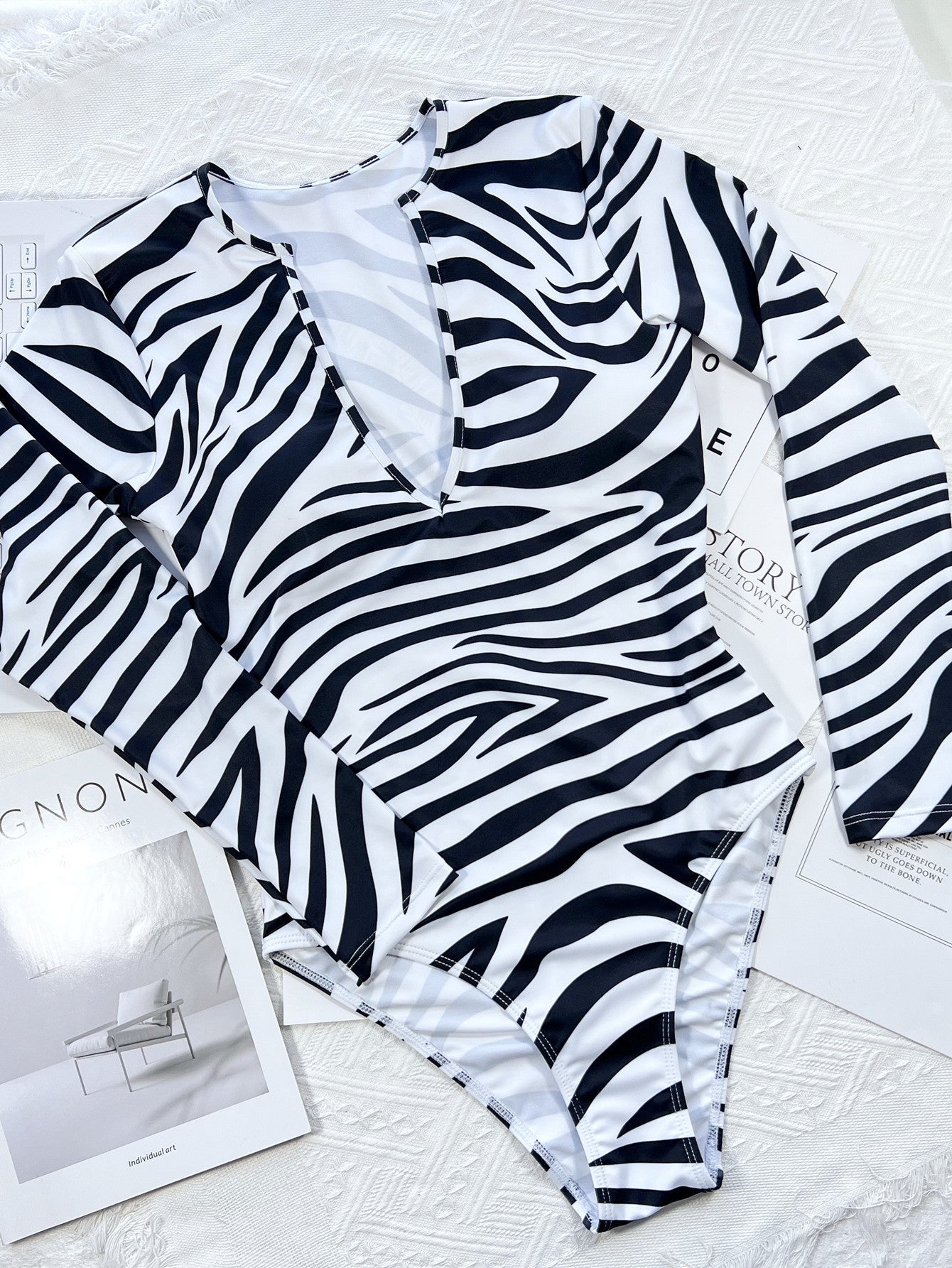 One-Piece Swimsuit Women'S Deep V Zebra Pattern Long Sleeve One-Piece Bikini