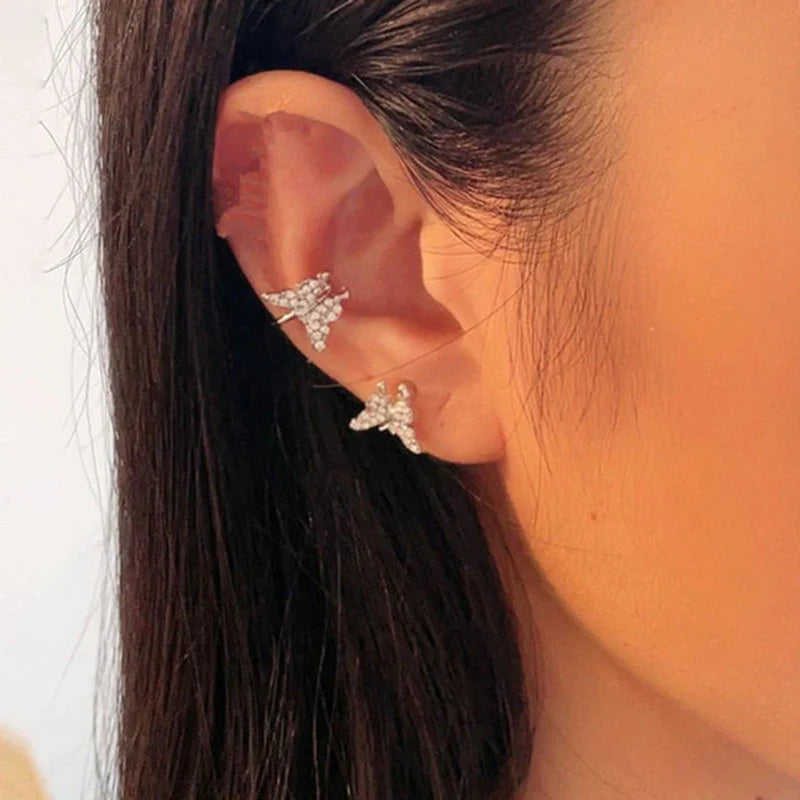 Gold Silver Color Metal Butterfly Ear Clips without Piercing for Women Sparkling Zircon Ear Cuff Clip Earrings Wedding Jewelry