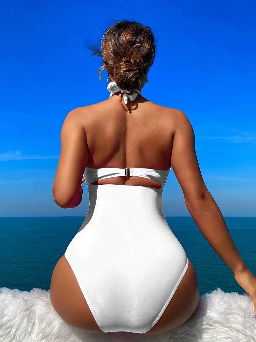 Drawstring One-Piece Women Swimsuit 2025 Swimwear Female High Waisted Bikini Bandeau Halter Bathing Suit Swimming for Monokini
