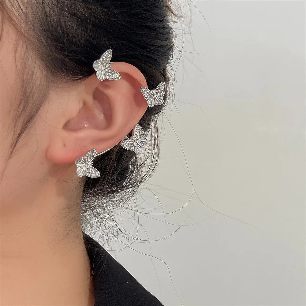 Gold Silver Color Metal Butterfly Ear Clips without Piercing for Women Sparkling Zircon Ear Cuff Clip Earrings Wedding Jewelry