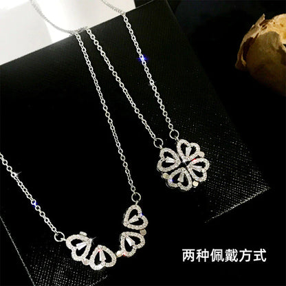 Creative Magnetic Folding Heart-Shaped Four-Leaf Clover Pendant Necklace Popular Jewelry Two Ways to Wear Unusual Party Gift