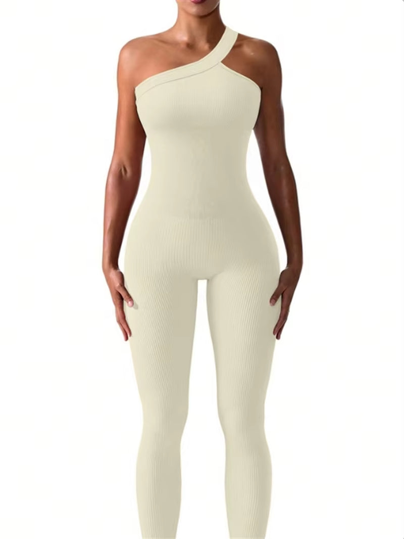 Women Yoga Jumpsuits Workout Ribbed One Shoulder One Piece Sport Jumpsuits