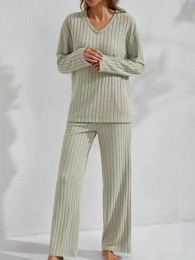 Women'S Ribbed Long-Sleeve Top and Pants Set – Casual Comfortable Loungewear