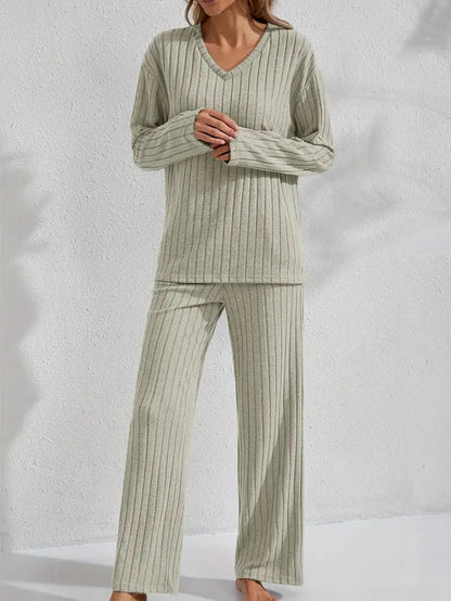 Women'S Ribbed Long-Sleeve Top and Pants Set – Casual Comfortable Loungewear