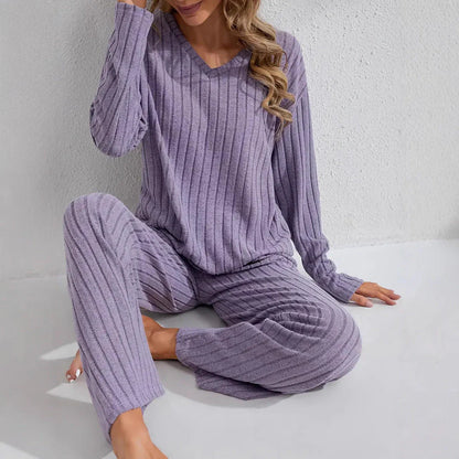 Women'S Ribbed Long-Sleeve Top and Pants Set – Casual Comfortable Loungewear