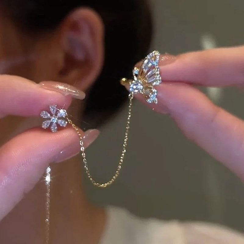 Gold Silver Color Metal Butterfly Ear Clips without Piercing for Women Sparkling Zircon Ear Cuff Clip Earrings Wedding Jewelry